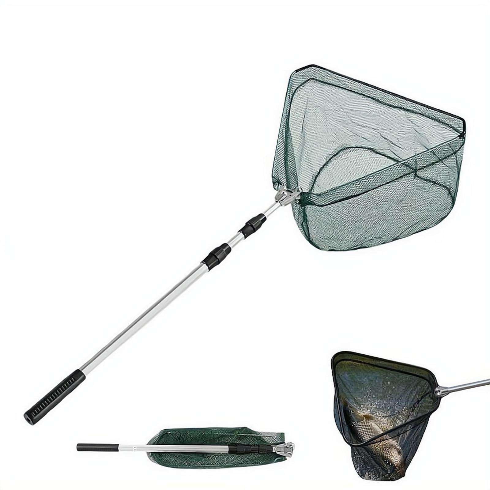 Folding Fishing Landing Net, Landing Net with Telescopic Handle Pole, Non-slip Ggrip, Rustproof Nylon Mesh for Saltwater and Freshwater, Portable Fishing Gear