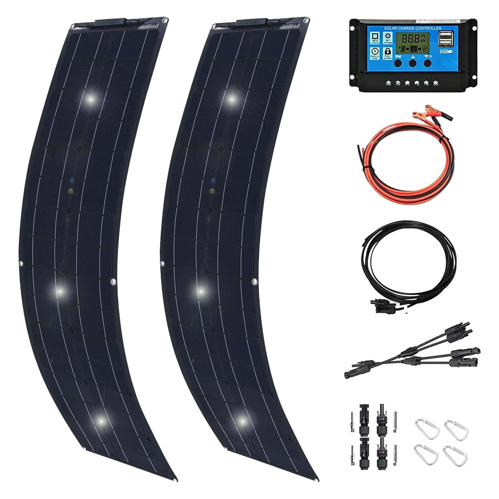 Kit Pannello Solare Off Grid Da 400 W, 2 Moduli Solari Fotovoltaici Monocristallini Da 200 W Pannello Solare 18 V Con Regolatore Di Carica 60 A Per Camper, Balcone, Barca, Camper,black