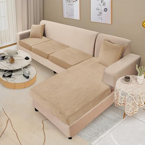 Miniatura 2 de NAISI Funda para sofá seccional, 4 piezas, fundas de cojín separadas de terciopelo en forma de L, fundas de sofá suaves y elásticas con 2 fundas de