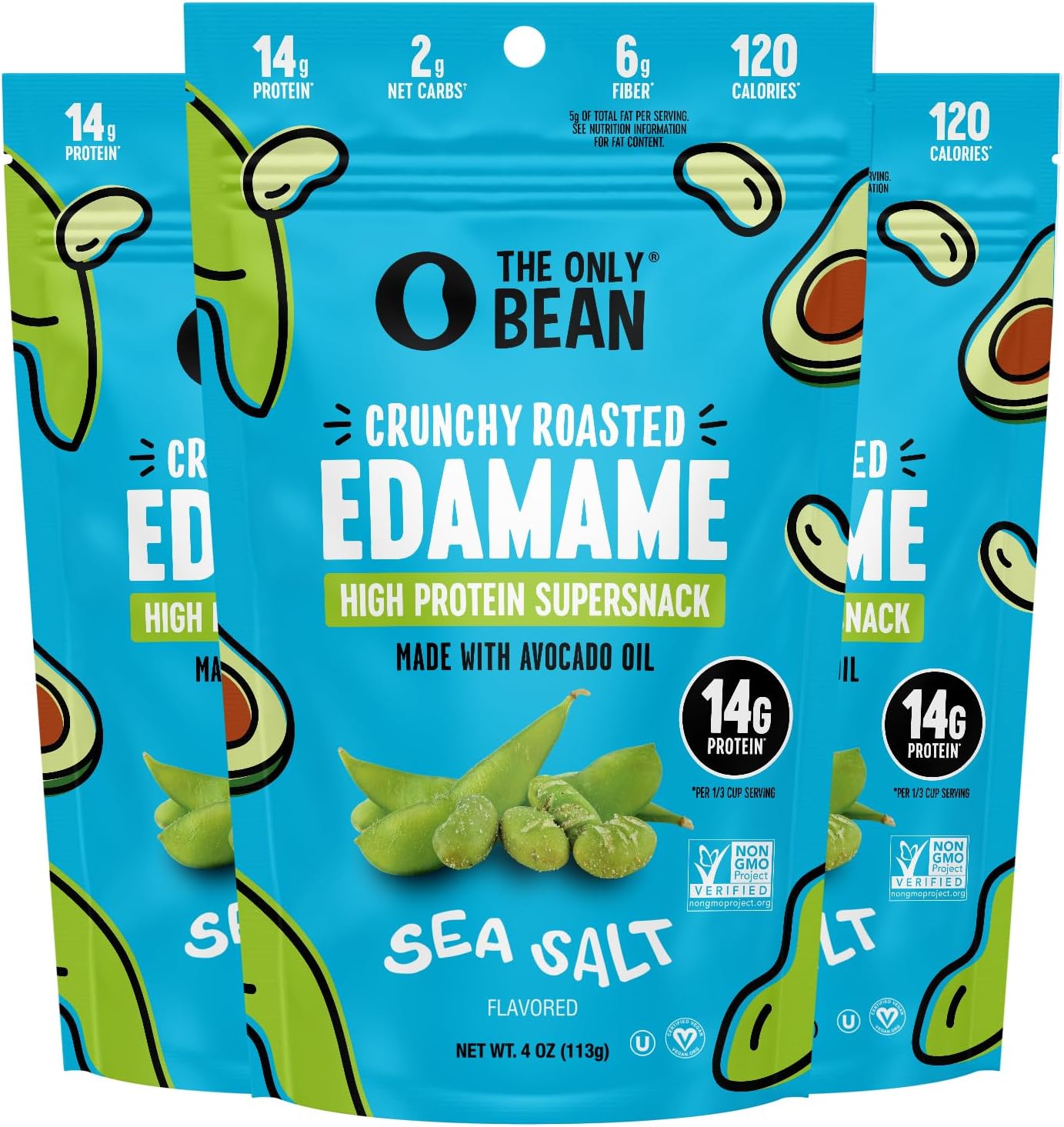 The Only Bean - Crunchy Roasted Edamame Beans (Sea Salt) - Keto Snacks (2g Net) - High Protein Healthy Snacks (14g Protein) - Low Carb, Gluten-Free Snack, Vegan Food - 4 oz (3 Pack)