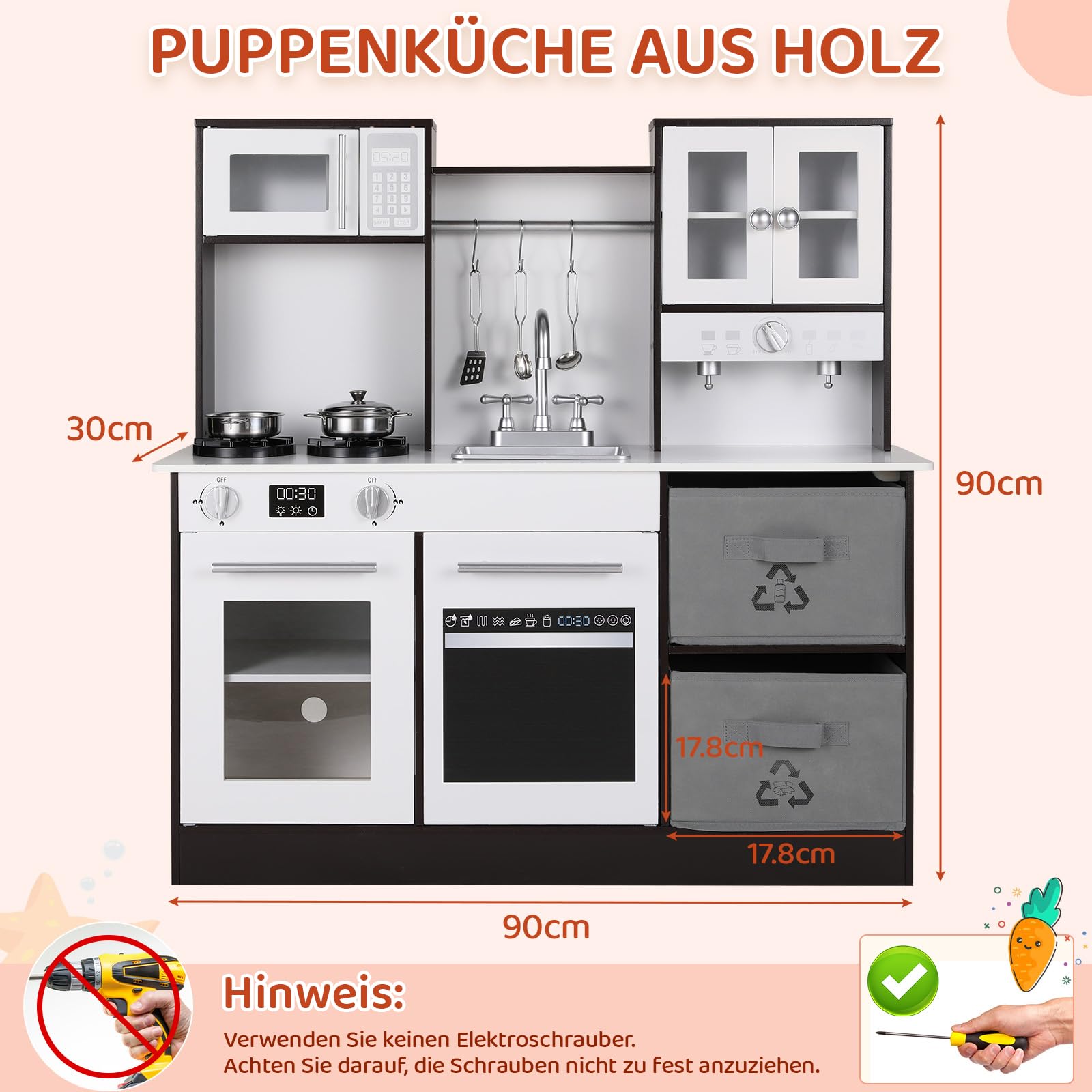 MAMIZO Kinderküche Holz, Spielküche mit Licht und Sound, Puppenküche Holz für Kinder, 90x30x90 cm kinderküchen, mit Küchenzubehör und 2PCS Aufbewahrungsboxen, Spielzeug für Kinder ab 3 Jahren, Braun