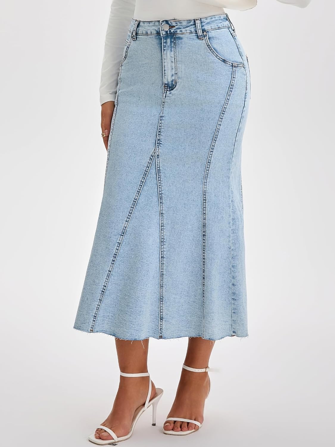 Womens Fishtail Long Jean Skirt High Waisted Stretchy Fit and Flare Midi Denim Skirts