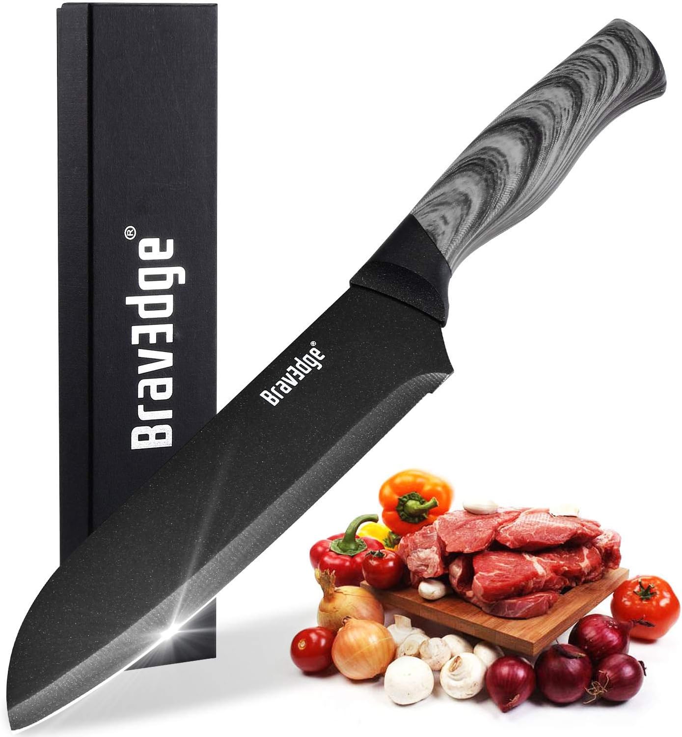 Bravedge Chef Knife 7'' Kitchen Knife, Professional Santoku Knife Chopping Knife, Ultra Sharp Stainless Steel Blade with Sheath, Ergonomic Handle Elegant Gift Box Great Gift Choice