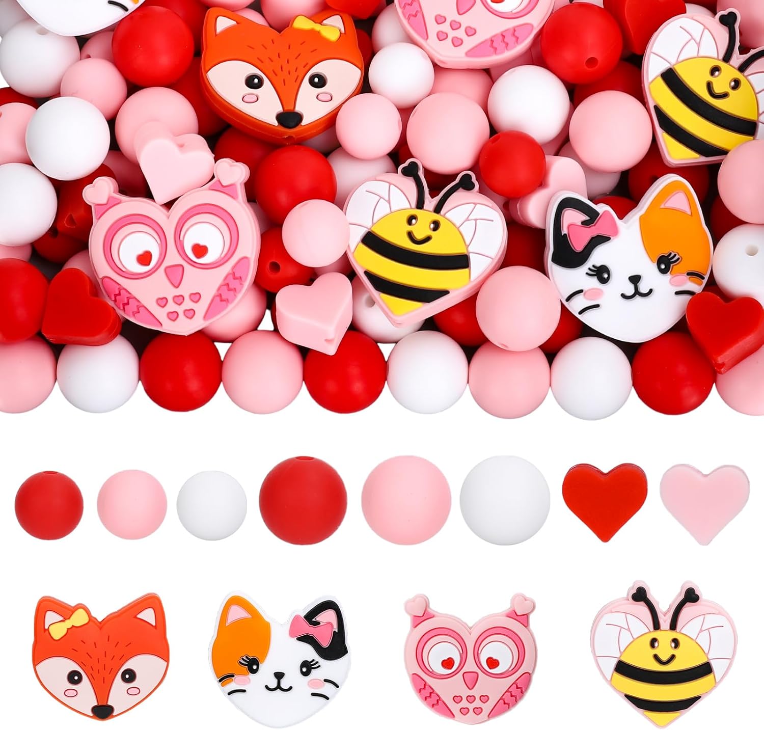 Silicone Beads for Valentine's Day Red Pink Round Heart Shaped Animal Rubber Loose Focal Beads with Elastic Rope for DIY Crafts Pens Keychain Jewelry Bracelet Lanyard Making Kit, 100 Pcs