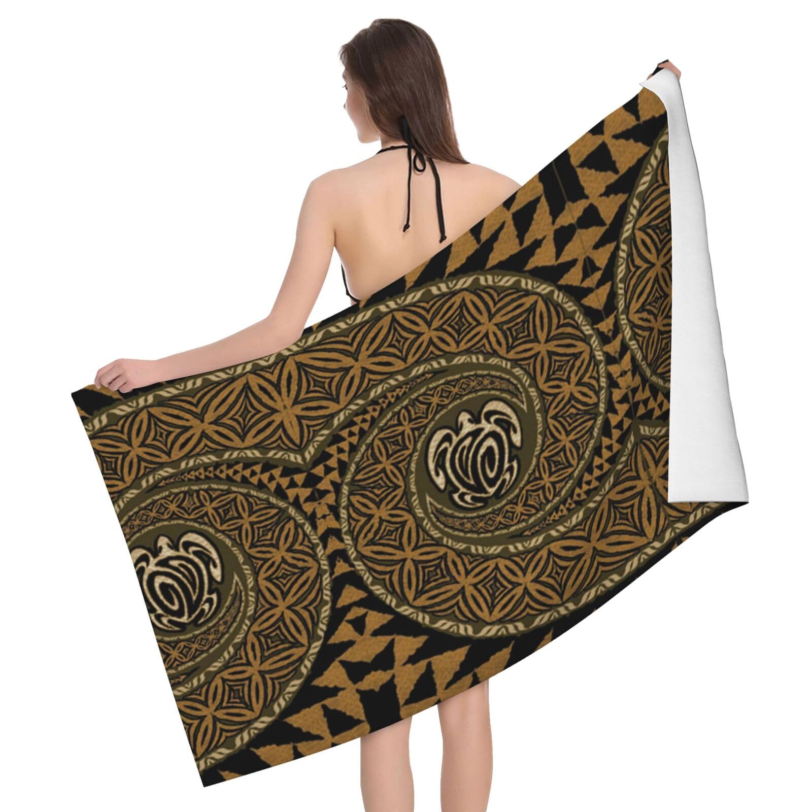 Jbyjbx White Hawaiian Tapa Honu Turtle Print Beach Towel Quick Dry Sandproof Microfiber Beach Bath Towel For Travel Pool Camping