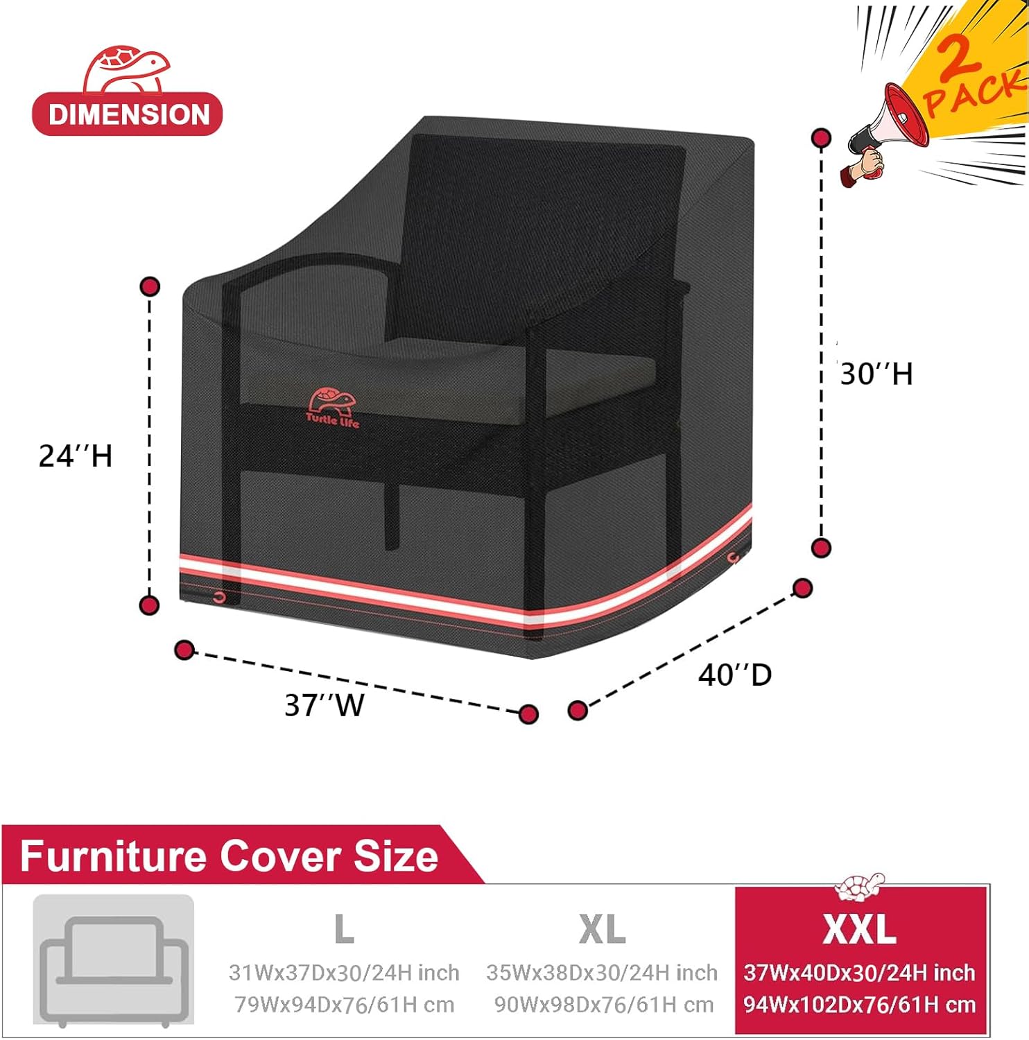 Turtle Life Patio Chair Cover, Heavy Duty Durable Waterproof Outdoor Lawn Armchair Deep Single Sofa Cover, Anti-Fading Cover for Chair, Black, 37" W x 40" D x 30" H, 2 Pack