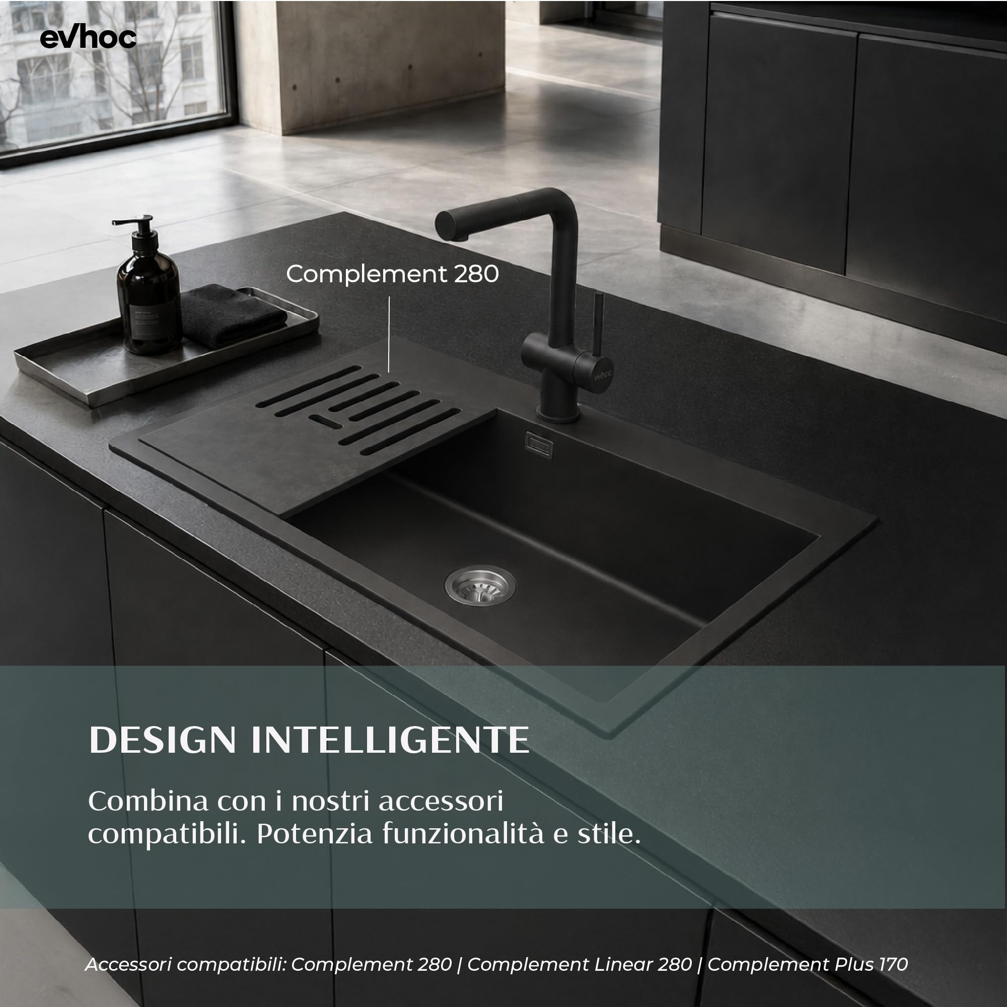 EVHOC Lavello Cucina Sopratop 1 Vasca 86x50 cm, Nero, NHEO XXL