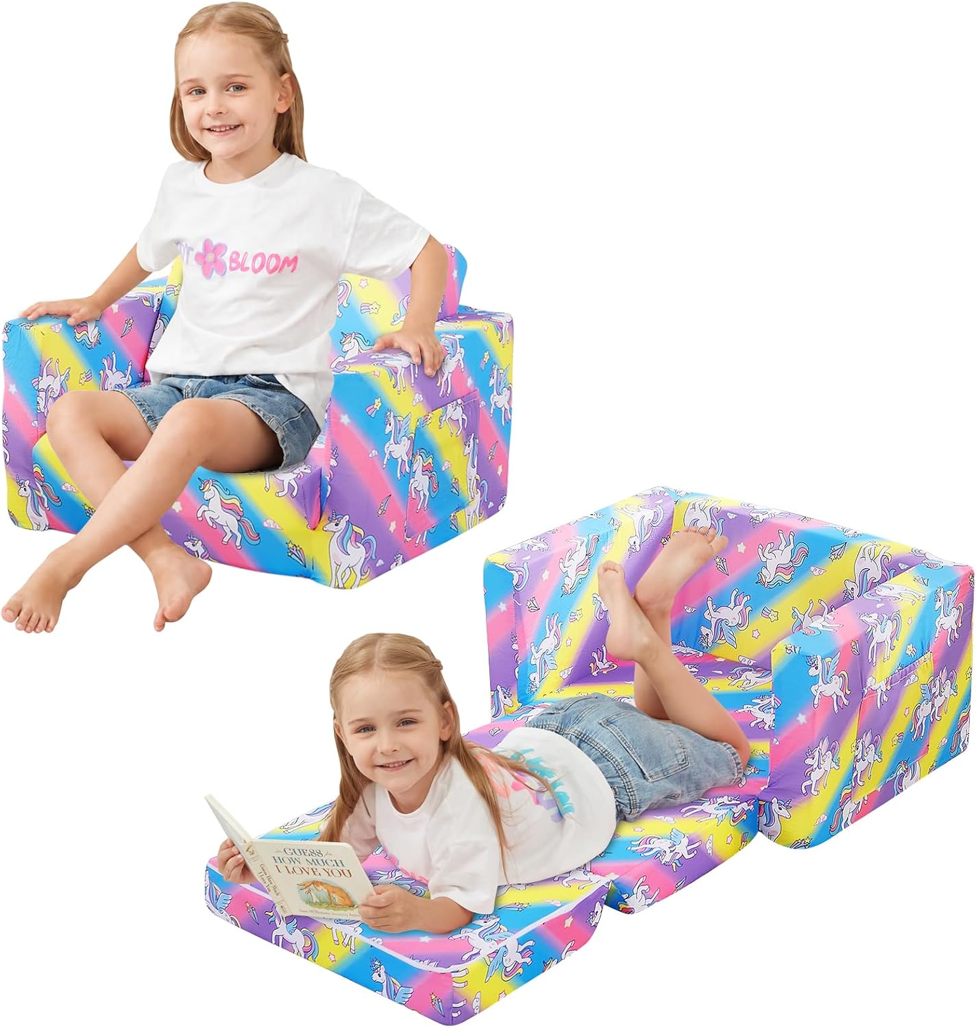 Viviland Toddler Chair, 2-in-1 Kids Couch Bed, Toddler Chairs Comfy 1-3 Years Old Fold Out Convertible Soft to Lounger, Colorful Rainbow Unicorn Baby Couch