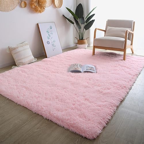 Miniatura 4 de CAIYUECS Alfombra de área rosa para dormitorio de niñas, alfombras peludas esponjosas para sala de estar, 4 x 6 pies, antideslizantes, modernas, de