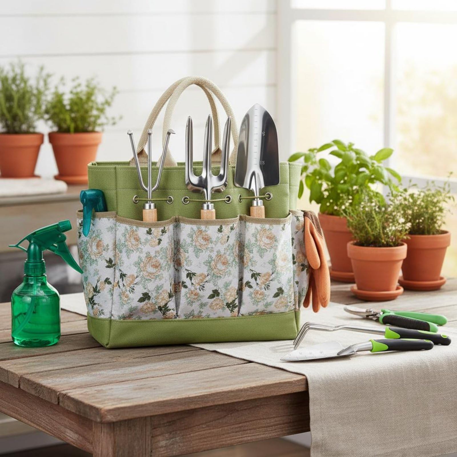 Gartengeräte Set Gartenwerkzeug Handwerkzeug Ausplantierer Blumenkelle Hacke Holzgriff Ermüdungsarm Tragbar mit Tragegriffen für Gemüsebeet Blumenrabatte, Stainless Steel 9PCS
