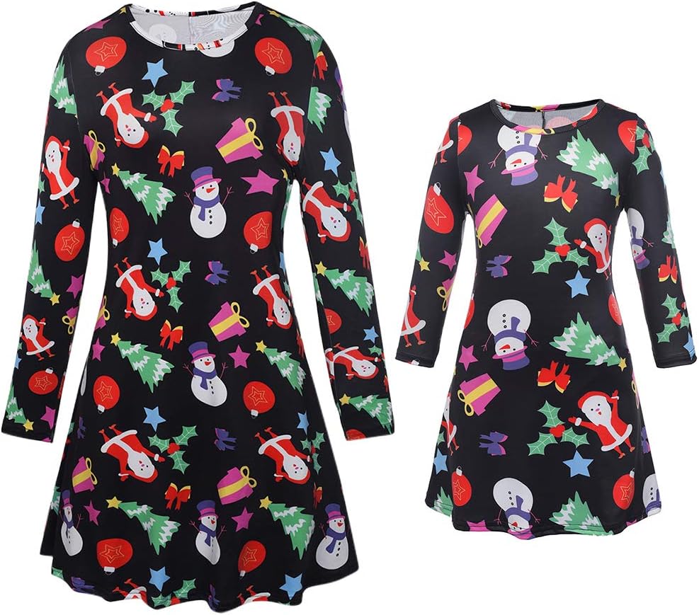Women Girls Baby Kids Mother Daughter Matching Christmas Dress Mommy & Me Mom Girl Long Sleeve Snowman Print Xmas Swing Dresses Parent Child Family Clothes Outfits