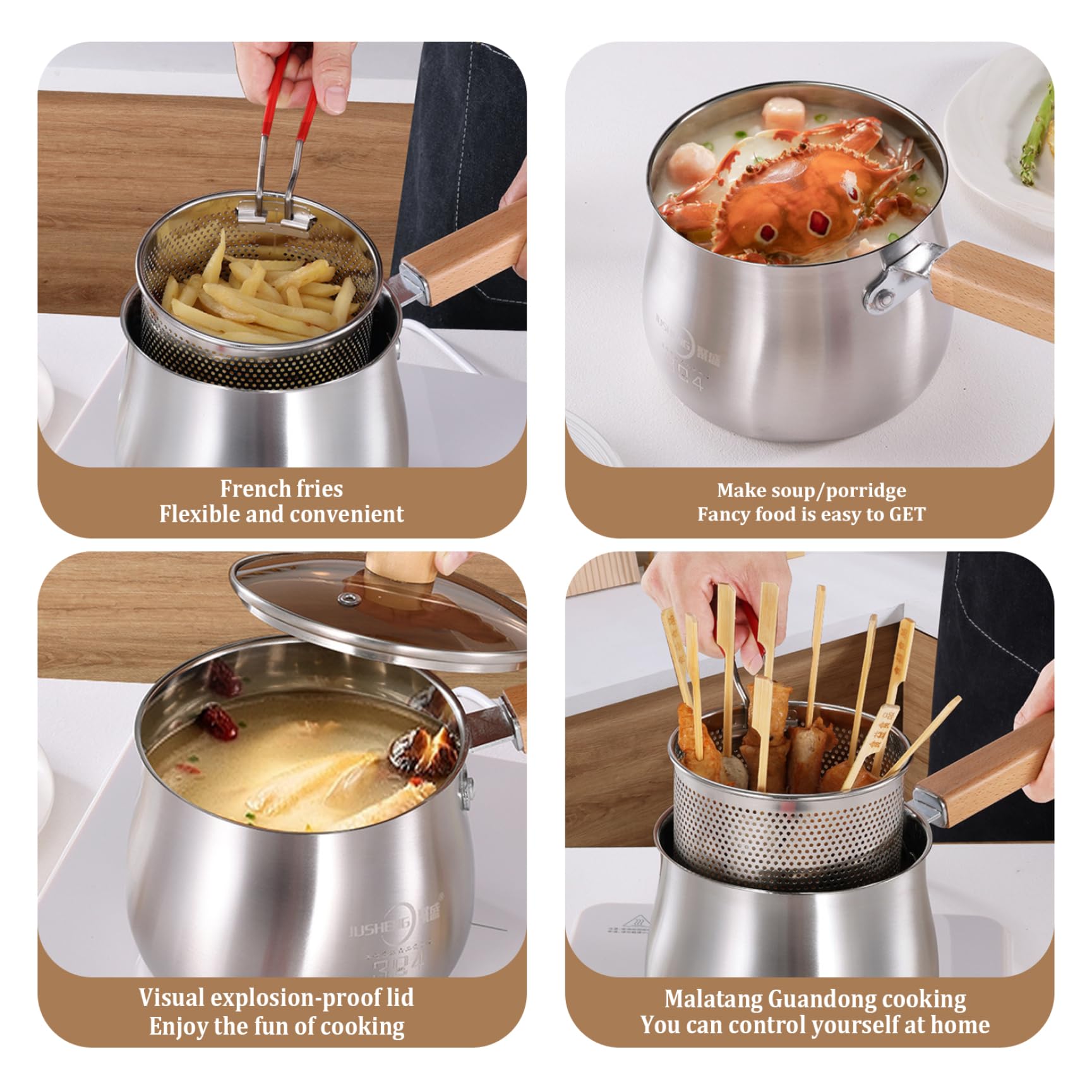 Pot de freidora 2.5L Mini freidora de acero inoxidable con canasta, tapa, pinza y mango anti-escaladrones Frey Bot para hogar, papas fritas de tempura, papas fritas, freidora pequeña con canasta fr