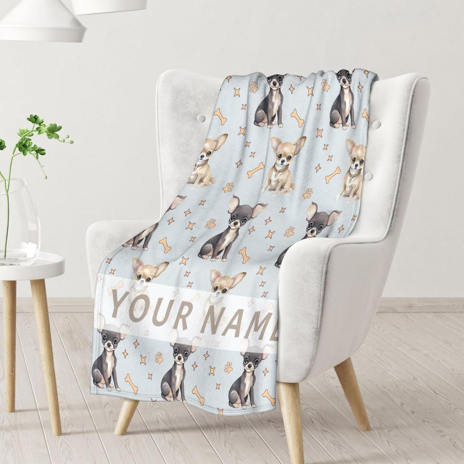 Custom Chihuahua Blanket for Girls, Boys - 50x60 Inches Throw Size with Name - Soft Fuzzy Plush Throws Gift - Light Blue Funny Blanket for Bed, Couch, Sofa