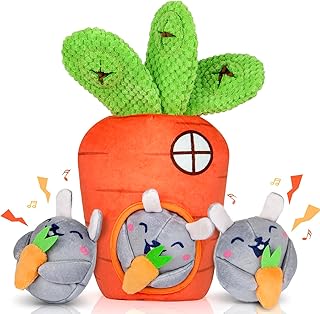 Hide and Seek Squeaky Dog Plush Toy Carrot and Bunny Set, 4 Pack Dog Puzzle Toys for Training and Cleaning, Interactive Tough Dog Toy for Small Medium Dogs