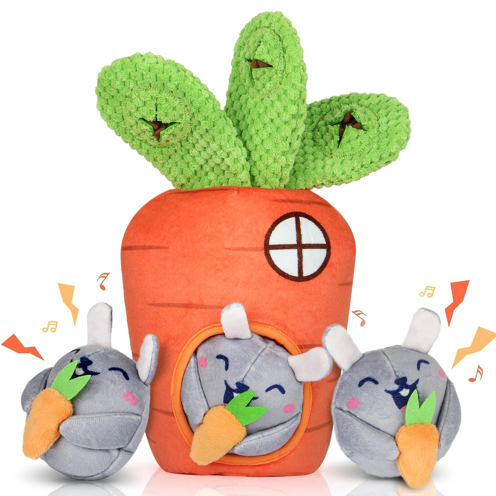 Globright Hide and Seek Squeaky Dog Plush Toy Carrot and Bunny Set, 4 Pack Dog Puzzle Toys for Training and Cleaning, Interactive Tough Dog Toy for Small Medium Dogs