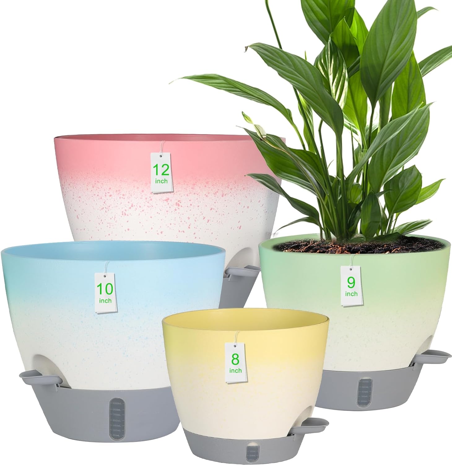 4-Piece Planter Set, 12/10/9/8-inch Self-Watering Pots with Drainage Holes, Deep Trays, Water Level Indicators, Suitable for Plants (12/10/9/8-inch, White Gradient Design)