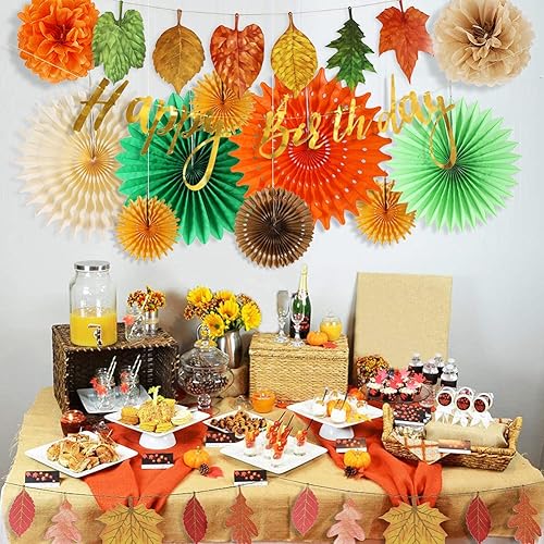 Miniatura 4 de Decoración de otoño, juego de fiesta de cumpleaños, abanicos de papel, pompones de papel de seda, naranja, crema, verde, rojo, hoja de arce,