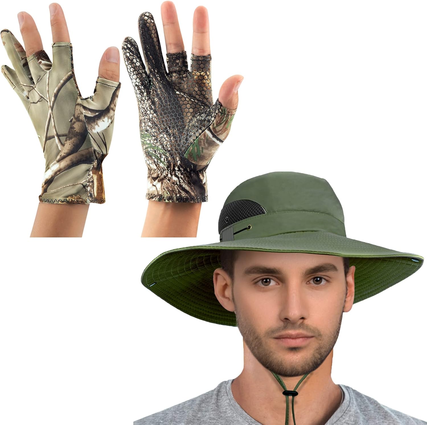 QualyQualy Fishing Gloves L + ArmyGreen Sun Hat (2Pack