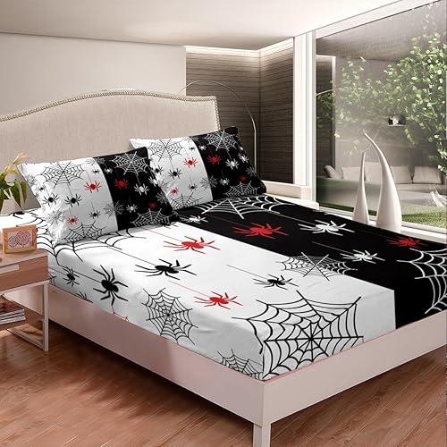 Miniatura 2 de Sábanas de araña roja de Halloween, telarañas, decoraciones de Halloween, juego de ropa de cama blanco y negro, sábana bajera ajustable de telaraña,