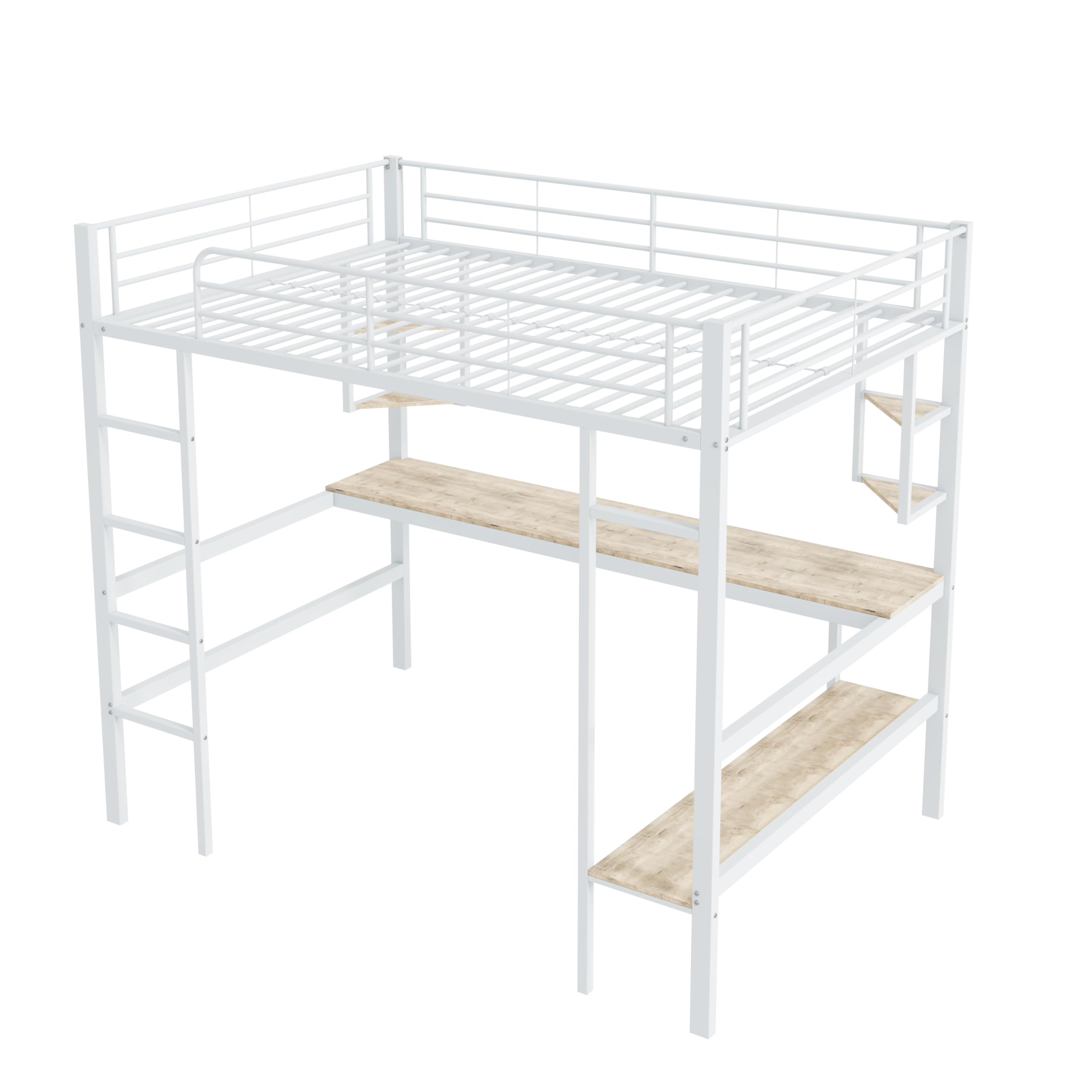 Letto a soppalco in metallo 90 x 200 cm, per bambini, ragazzi e adulti, letto a castello in metallo con scrivania e scaffale (bianco, 90 x 200 cm)