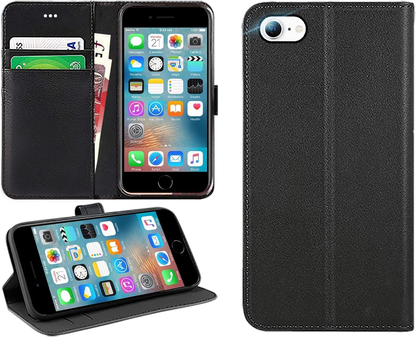 DN-Technology For iPhone SE 2022/SE 2020/8/7 Case Flip Wallet [Card Holder] [Magnetic Closure] [Kickstand] PU Leather Phone Cover 4.7 inch (BLACK)