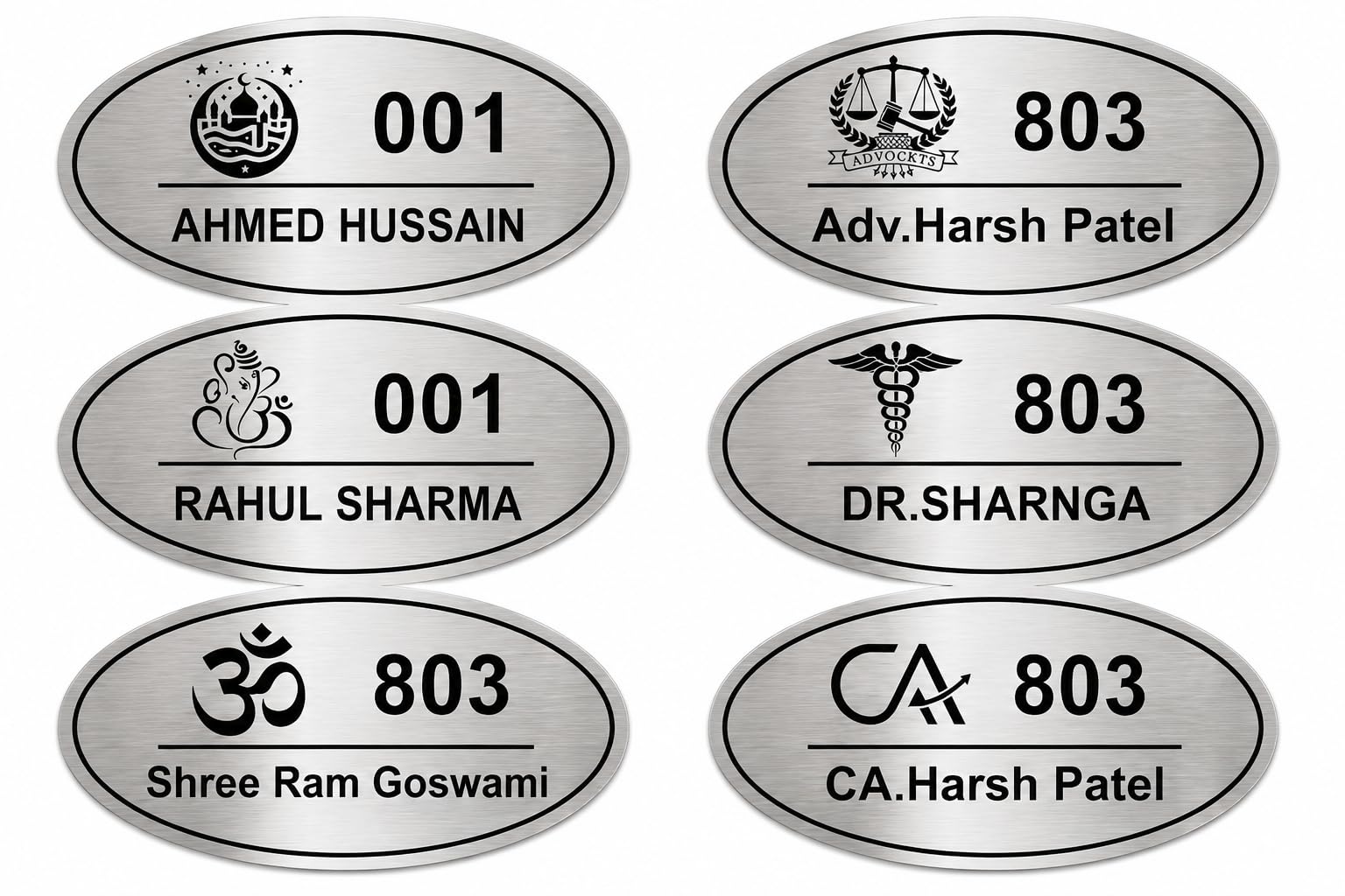 Customized Acrylic Name Plate | Personalized House Number Sign for Home & Office | Premium Silver Oval Shape Brushed Finish | Modern, Weatherproof(Self-Adhesive) | Flat/Apartment/Hotel Door Sign (7.5 x 5 Inches) (SILVER(LOGO)) — Amazon image 4