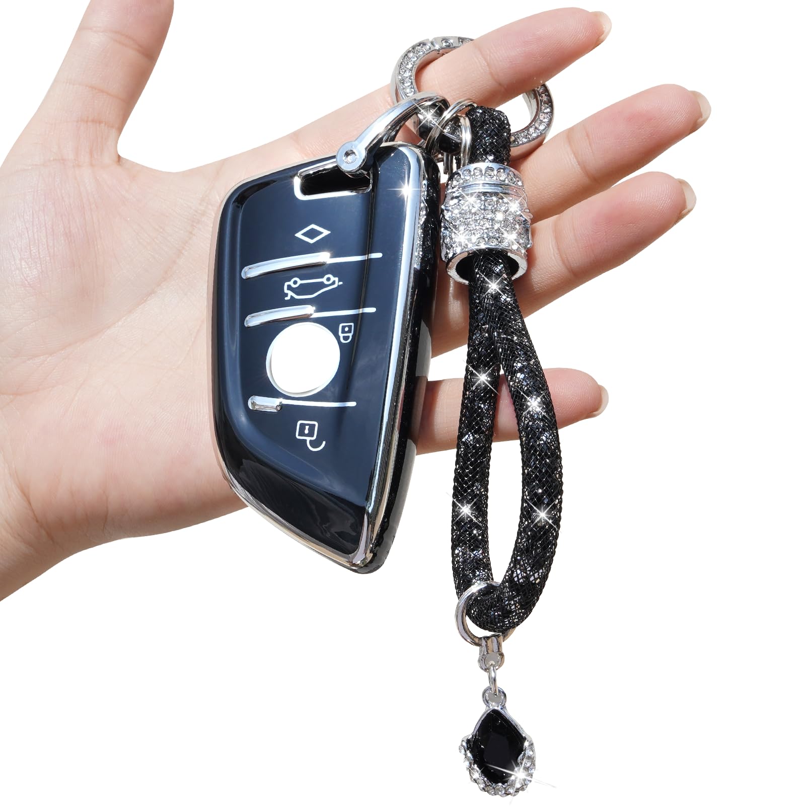 Yumzeco Car Key Case Compatible with BMW with Bling Diamonds Keychain,4 Buttons Remote Key Case for 2 3 5 7 X1 X3 X4 X5 X6 M5 Series,TPU Silicone KeyCase Cover BMW Keyless KeyProtector-Black
