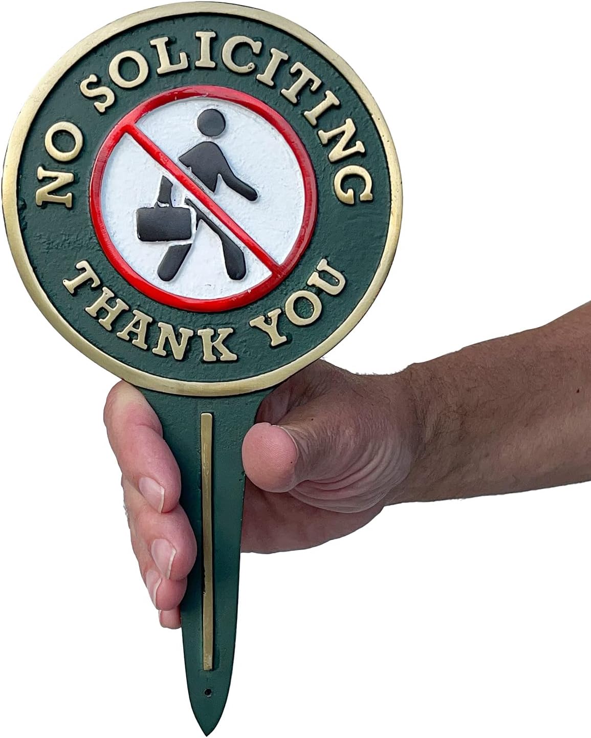 SmartSign “No Soliciting Thank You” Yard Sign for House/Garden/Lawn, 9.5 x 5.25 inch, 375 mil Thick Rustproof Cast Aluminum Plaque, Gold, Green and White