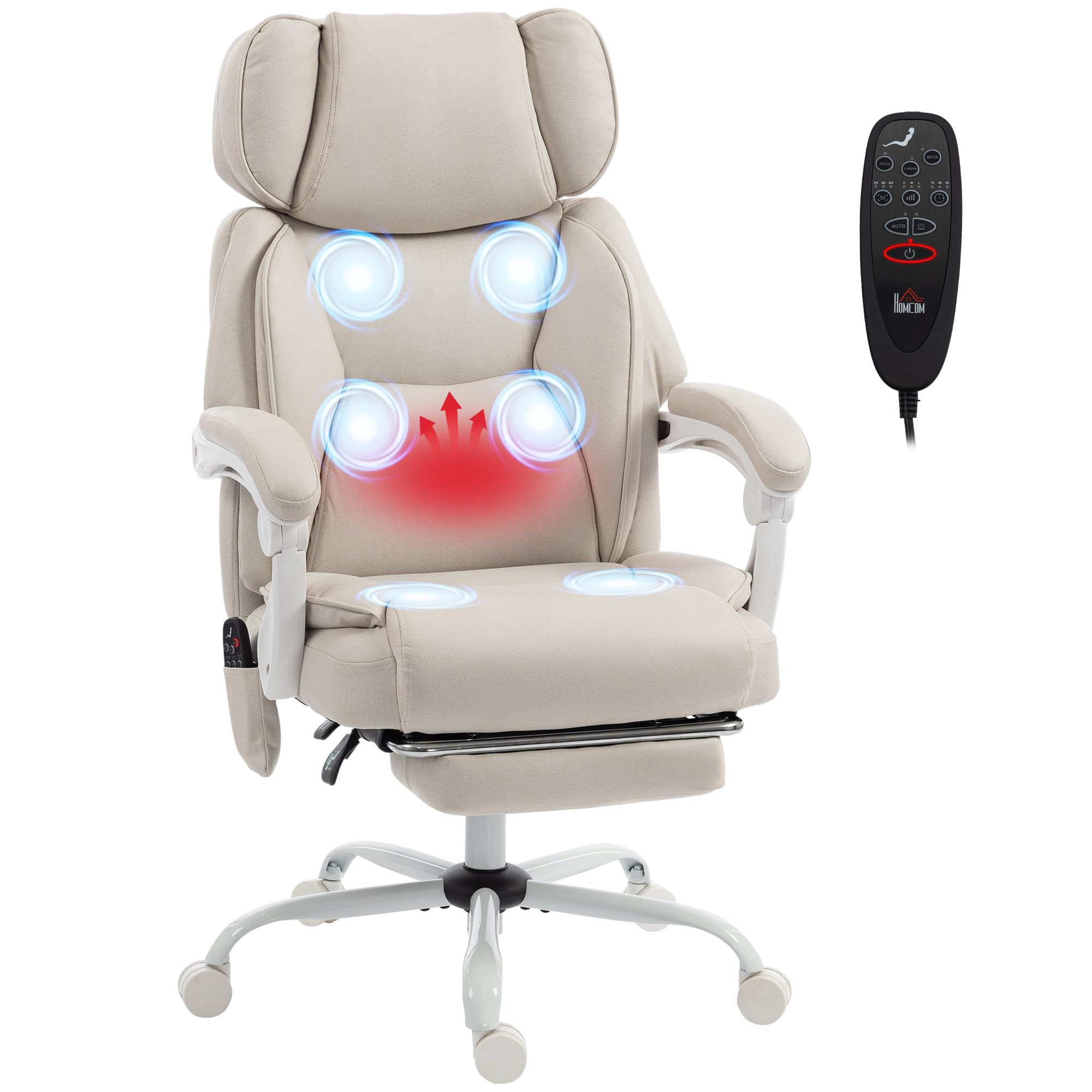 HOMCOM Bürostuhl mit Massagefunktion, Ergonomisch Schreibtischstuhl mit Liege- & Wärmefunktion, Verstellbarer Kopfstütze, Höhenverstellbar Drehstuhl mit Lordosenstütze, Fußstütze Kunstleder Cremeweiß