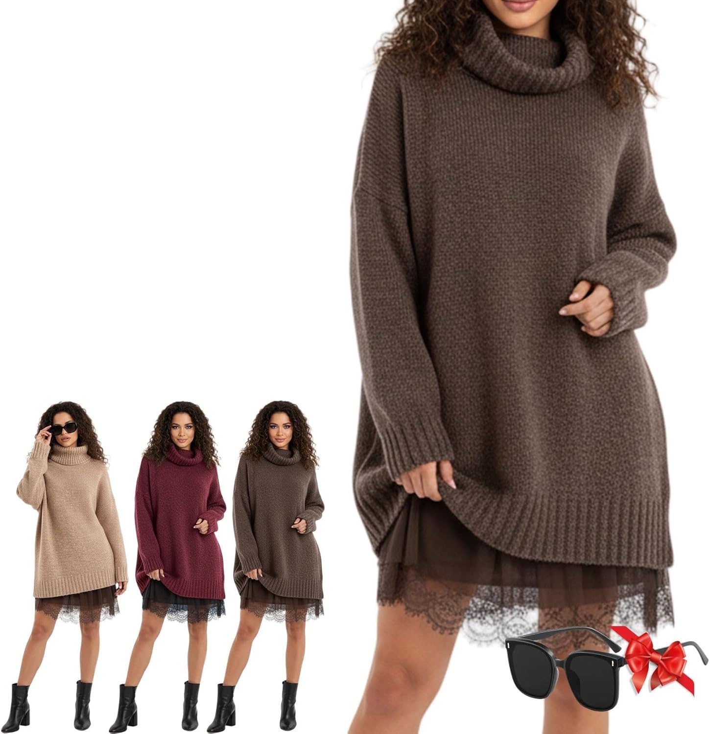 Womens Turtleneck Sweater Mini Dress Set 2 Piece Sweater Elegant Lace-Trim Slip Dress Set