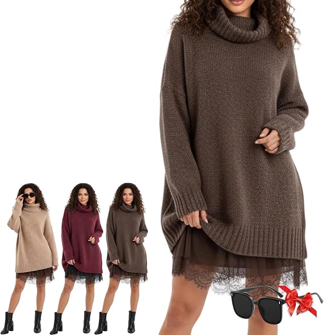 Womens Turtleneck Sweater Mini Dress Set 2 Piece Sweater Elegant Lace-Trim Slip Dress Set