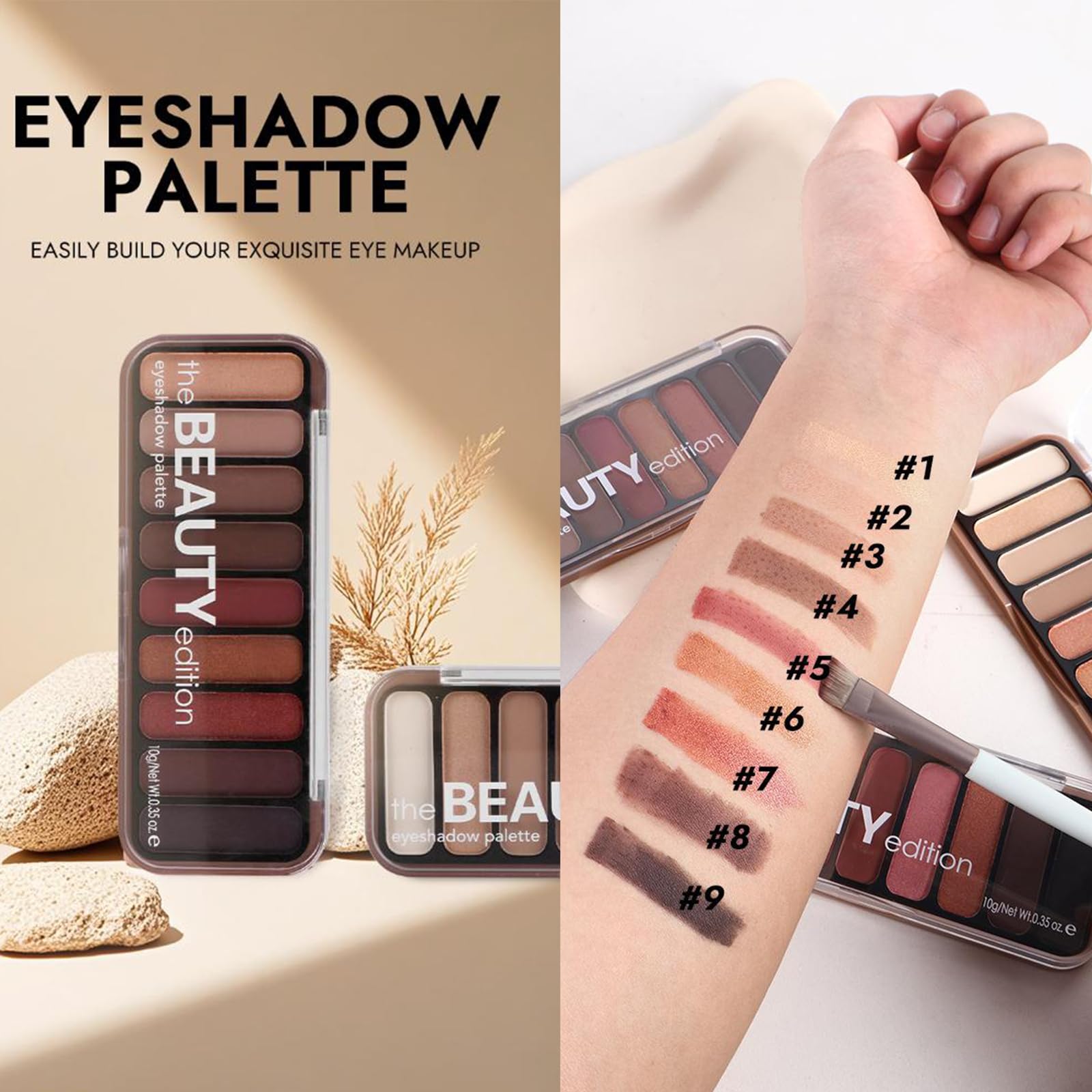 Nine-Shade Matte & Shimmery Eyeshadow Palette in Earthy Tones for Day & Night Makeup - Image 3