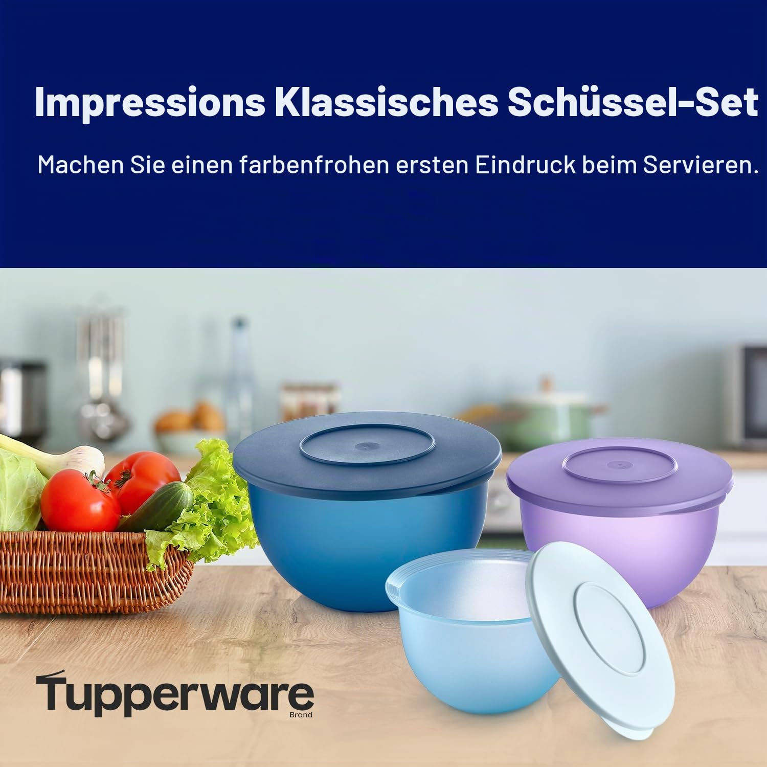 Tupperware Impressions Classic 3-teiliges Frischhalteschüssel-Set in Blau und Lila, spülmaschinenfest und BPA-frei (3 Behälter, 3 Deckel)