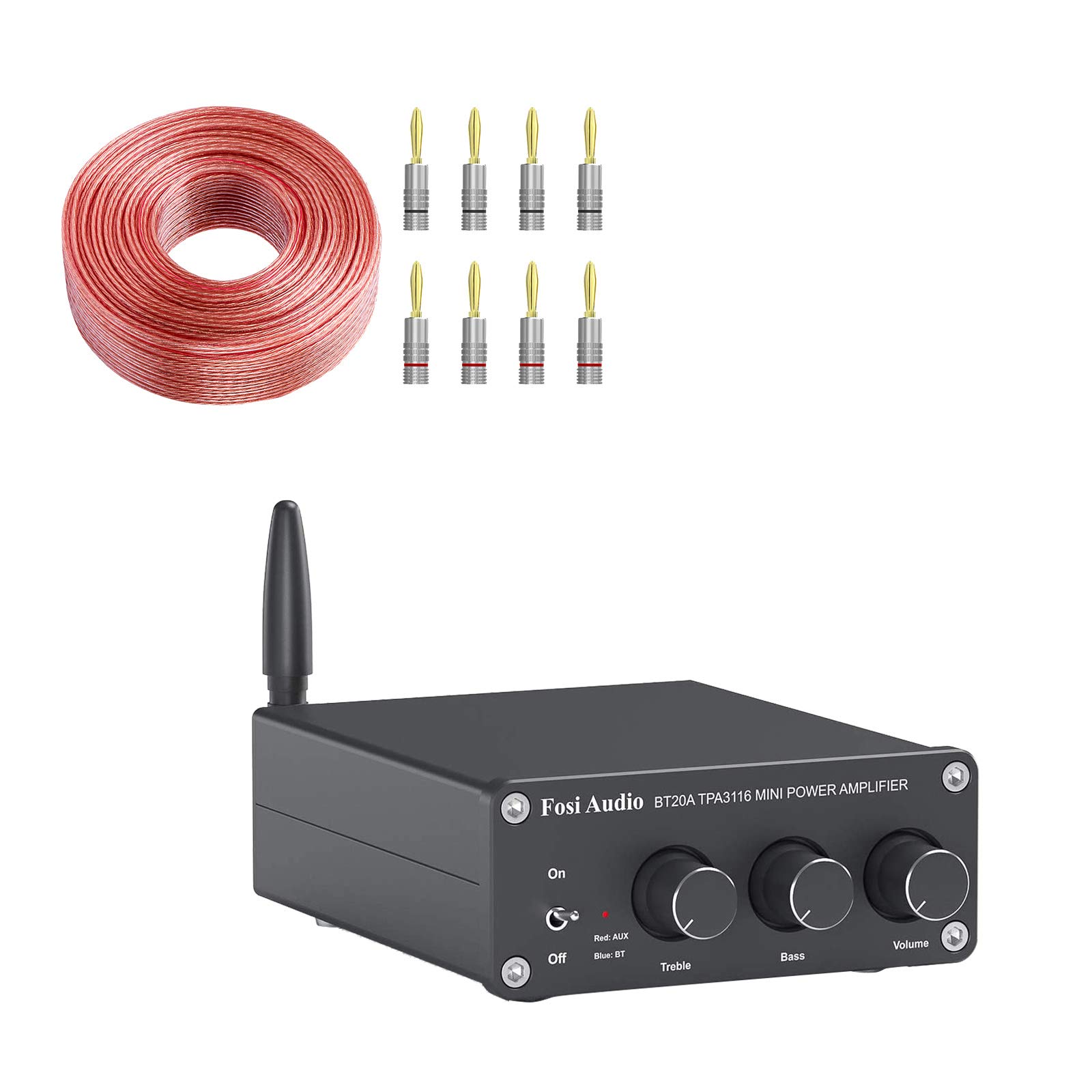 Fosi Audio BT20A Bluetooth 5.0 Stereo Audio 2 Channel Amplifier Receiver and [33ft/10m] Cable+Banana