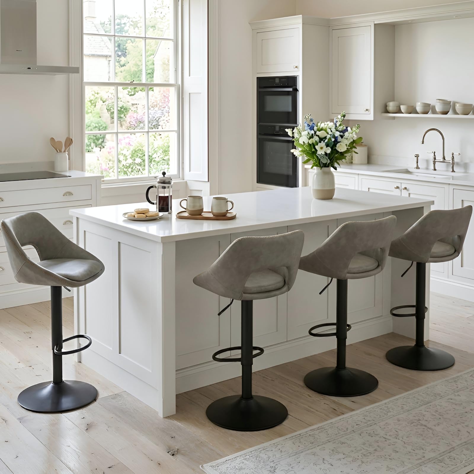DAYALANE Bar Stools Set of 4, PU Leather Swivel Breakfast Bar Chairs, Adjustable Counter Height Chairs with Backrest and Footrest, Kitchen Island Stool for Home Kitchen Grey