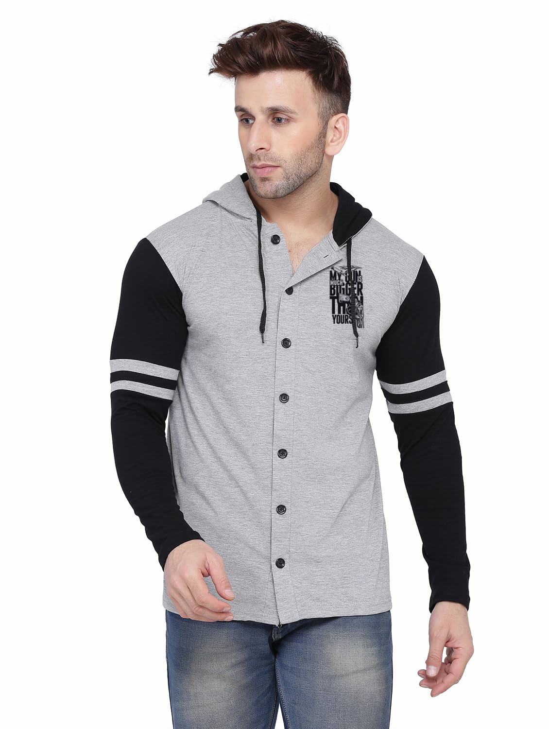blisstone Men's Full Sleeve Hooded T-Shirt with Button Closure & Contrast Striped Sleeves | Stylish Cotton Blend Hoodie for Casual & Sportswear-picture-48