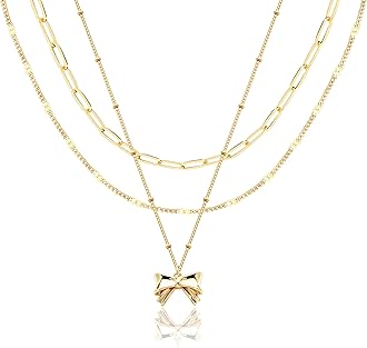 Layered Gold Necklaces for Women, Stackable Dainty 14K Gold Silver Plated Trendy Simple Heart Diamond Cross Bow Circle Pendant Paperclip Choker Dot Chain Necklace,Jewelry Set Gifts for Women