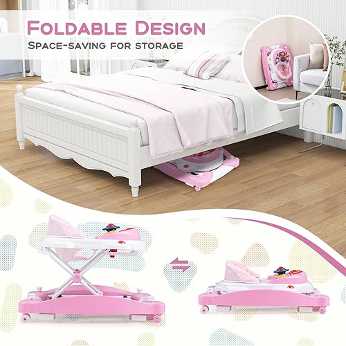 Miniatura 9 de BABY JOY Andador de bebé 6 en 1, andador de bebé con ruedas, altura ajustable, música, luces, modo balancín, caminador de actividad para bebés,