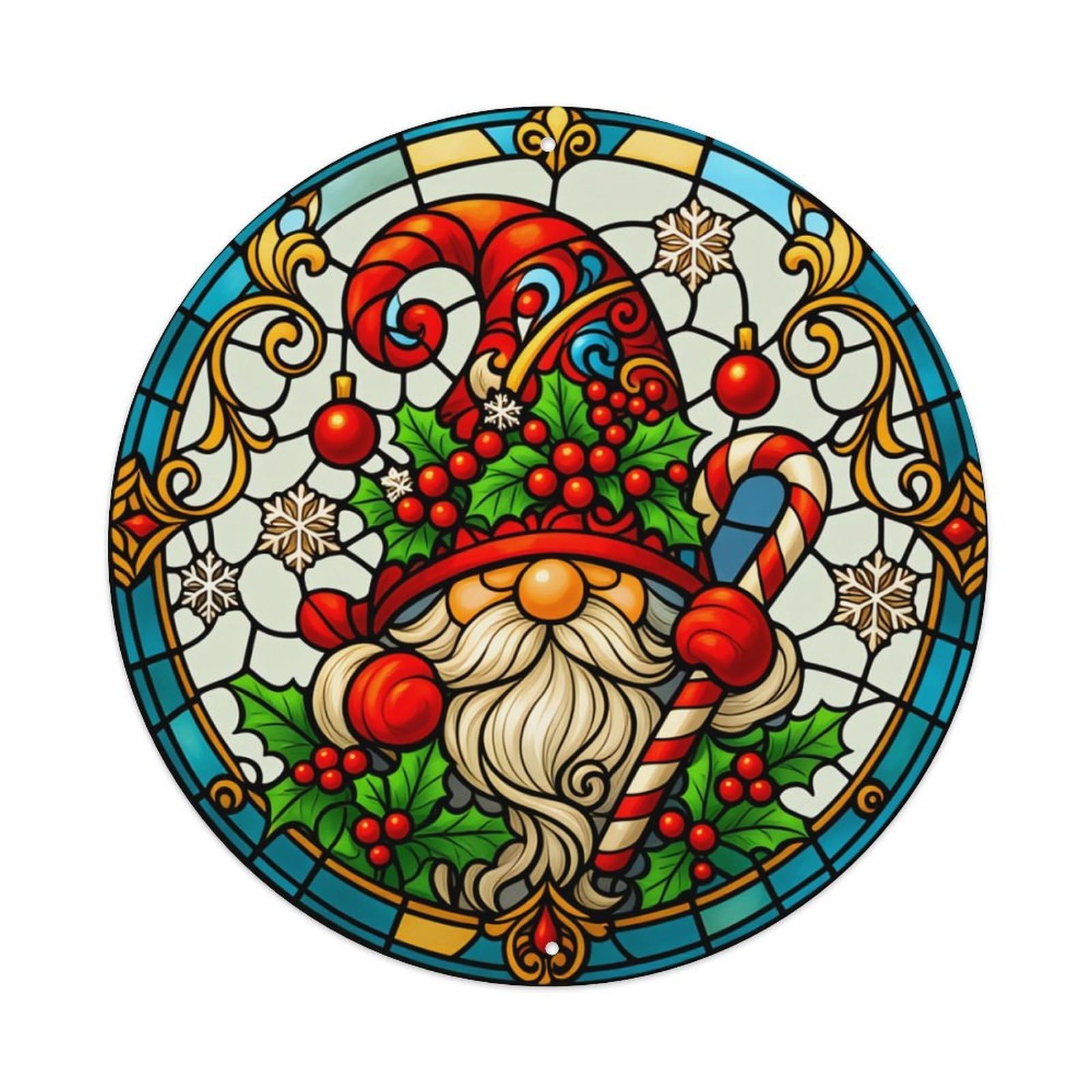 Christmas Gnome Candy Cane Holly Round Tin Sign Retro Metal Sign for Cafe Bar Pub Home Game Room Gym Club Wall Decoration Vintage Metal Poster 8x8 Inch