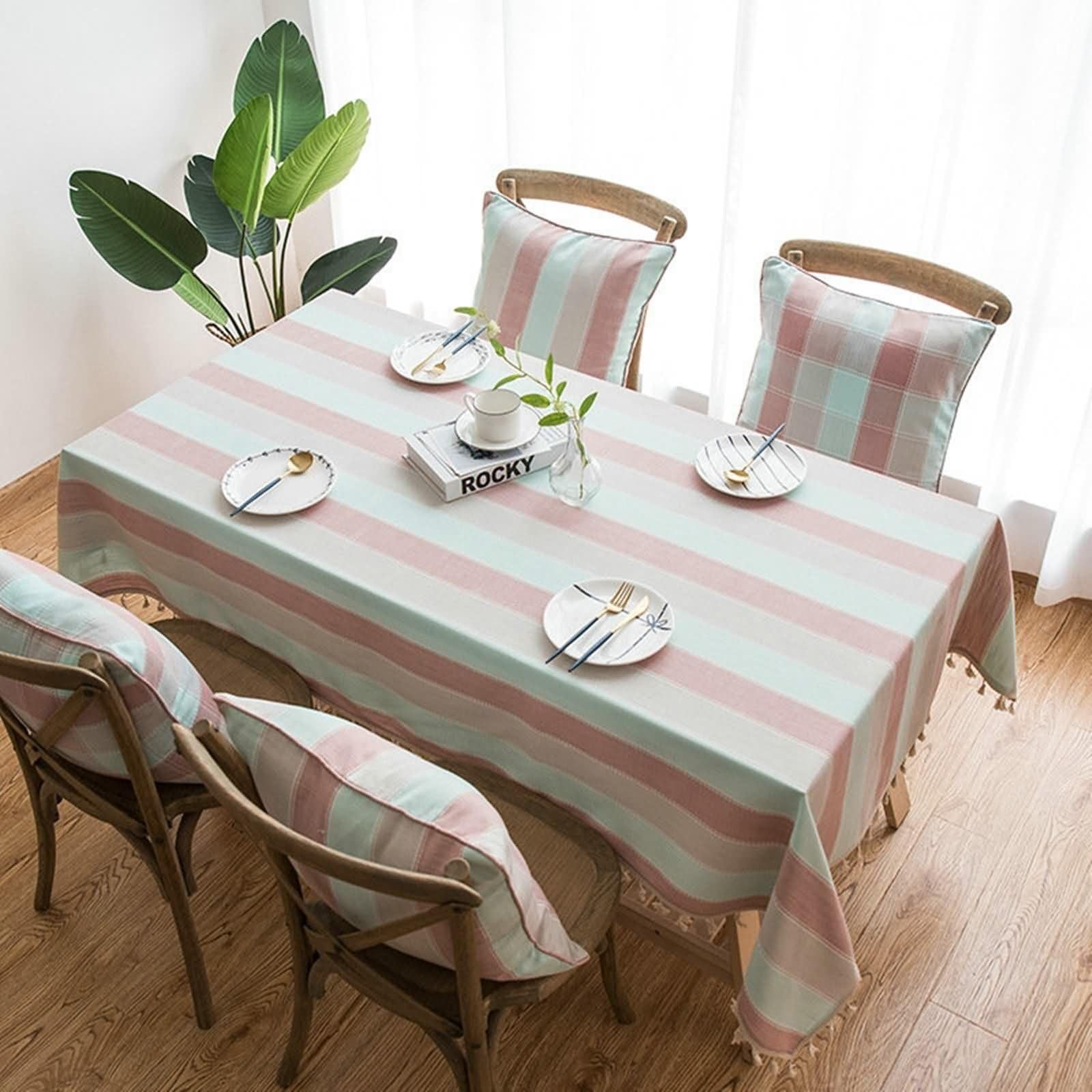 Tovaglia Rettangolare per Esterno Righe con Nappe Tovaglia in Lino Antimacchia Rosa,140x300CM