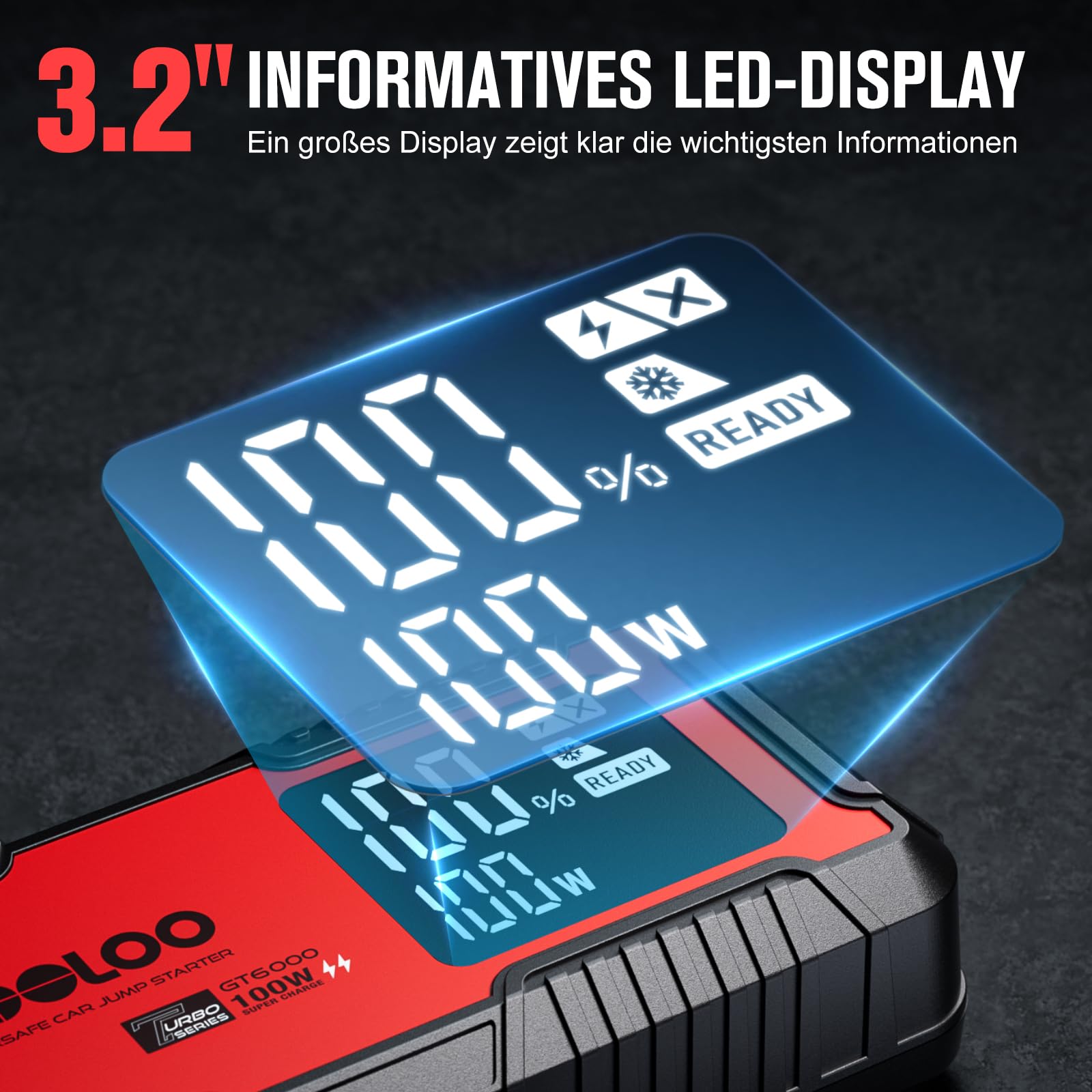 GOOLOO GT6000 Starthilfe Powerbank,6000A Peak Ultar Sicher Zweiwege-Schnellladegerät für 12V Fahrzeuge(All Benzin und 12 L Diesel), Booster Auto Starthilfe mit LED Taschenlampe UND 3,2 LED Bildschirm