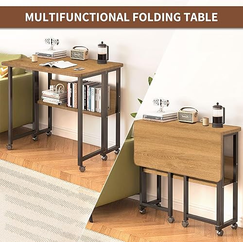 Miniatura 6 de Escritorio plegable móvil con 6 ruedas, escritorio portátil para computadora pequeño con estantes de almacenamiento, escritorios plegables para