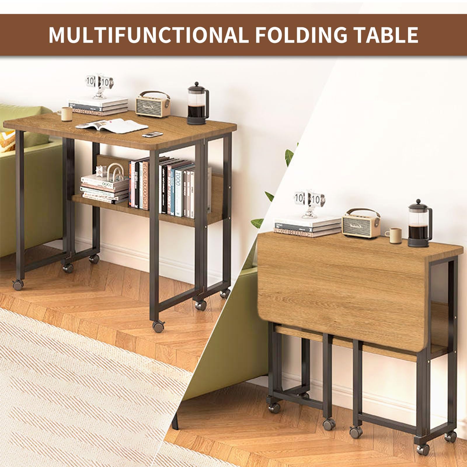 Escritorio plegable móvil con 6 ruedas, escritorio portátil para computadora pequeño con estantes de almacenamiento, escritorios plegables para espacios pequeños, mesa de computadora para el 6