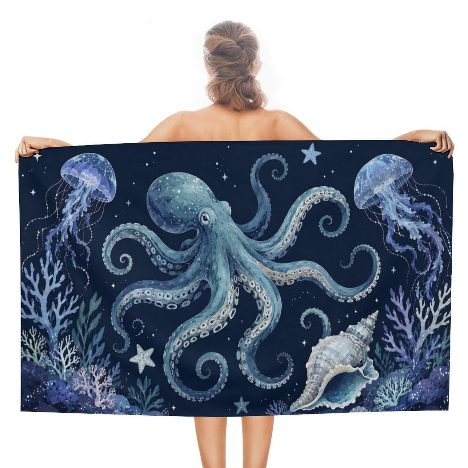 Anceky Ocean Octopus Jellyfish Coral Starfish Shell Oversized Beach Towel Quick Dry Sand Free Microfiber Travel Towel Lightweight Multi Purpose Beach Blanket Pool Gym Bath Towel 51x31 in