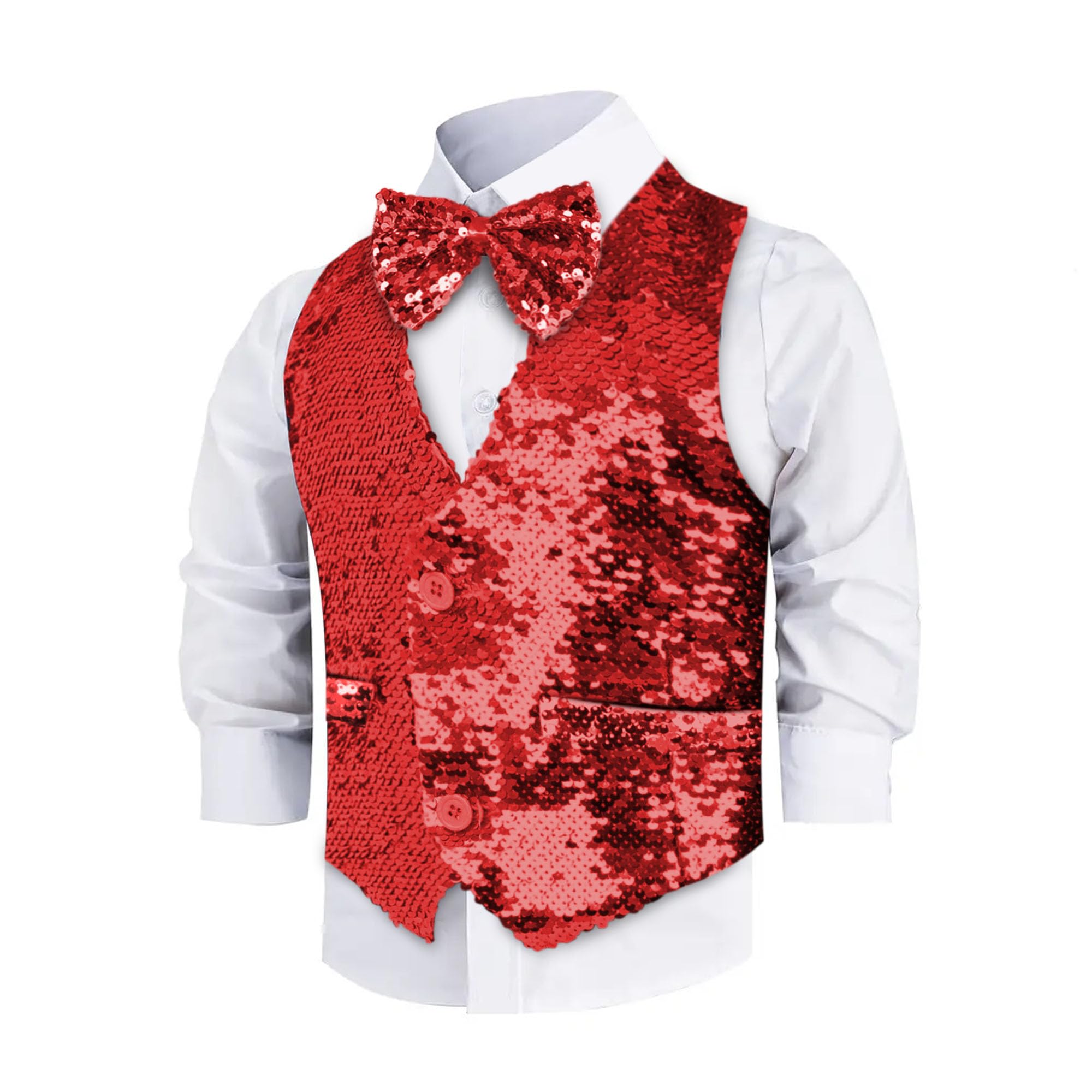 Dress Up America Sequin Vest with Bowtie - Red Sparkly Vest for Boys - Costume Dress Up Party Sequin Waistcoat for Kids - Boys Glitter Coat