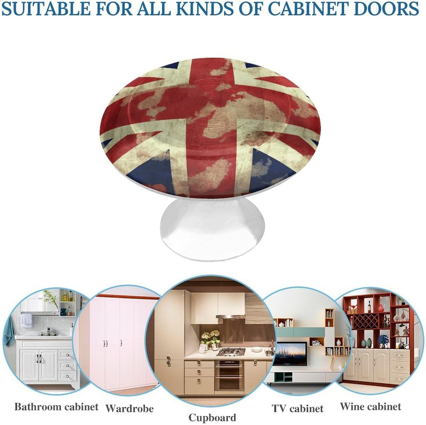 2 Pack Cabinet Knobs 1.1 Inch Single Hole Drawer Pulls Handles Decorative Vintage Union Jack British Flag Furniture Knobs for Dresser Kitchen Bathroom Cupboard Wardrobe Vanity Closet Door Hardware