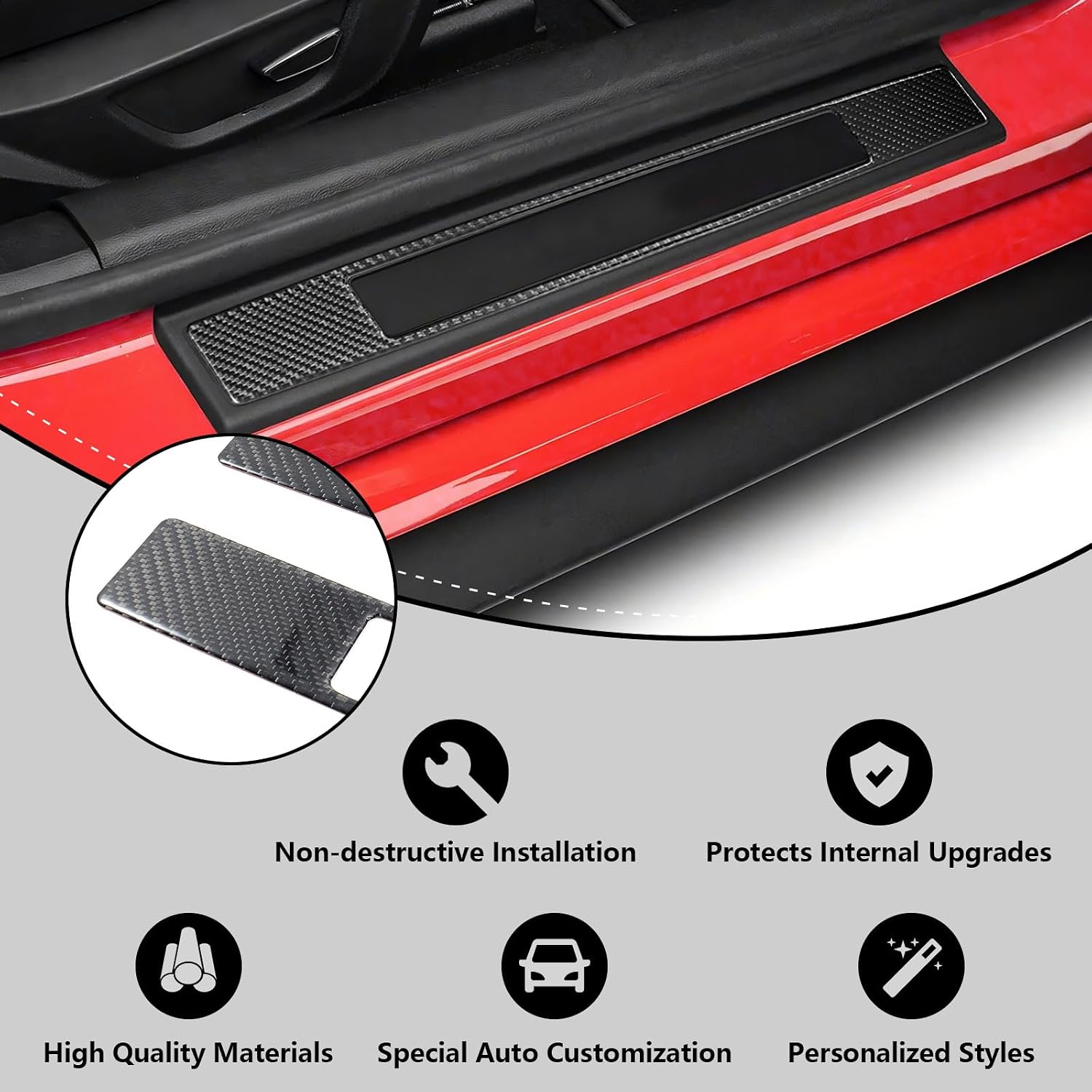 Real Carbon Fiber Door Sill Protectors Compatible with Ford Mustang 2015-2023, Interior Door Sill Guards & Edge Scratch Shields