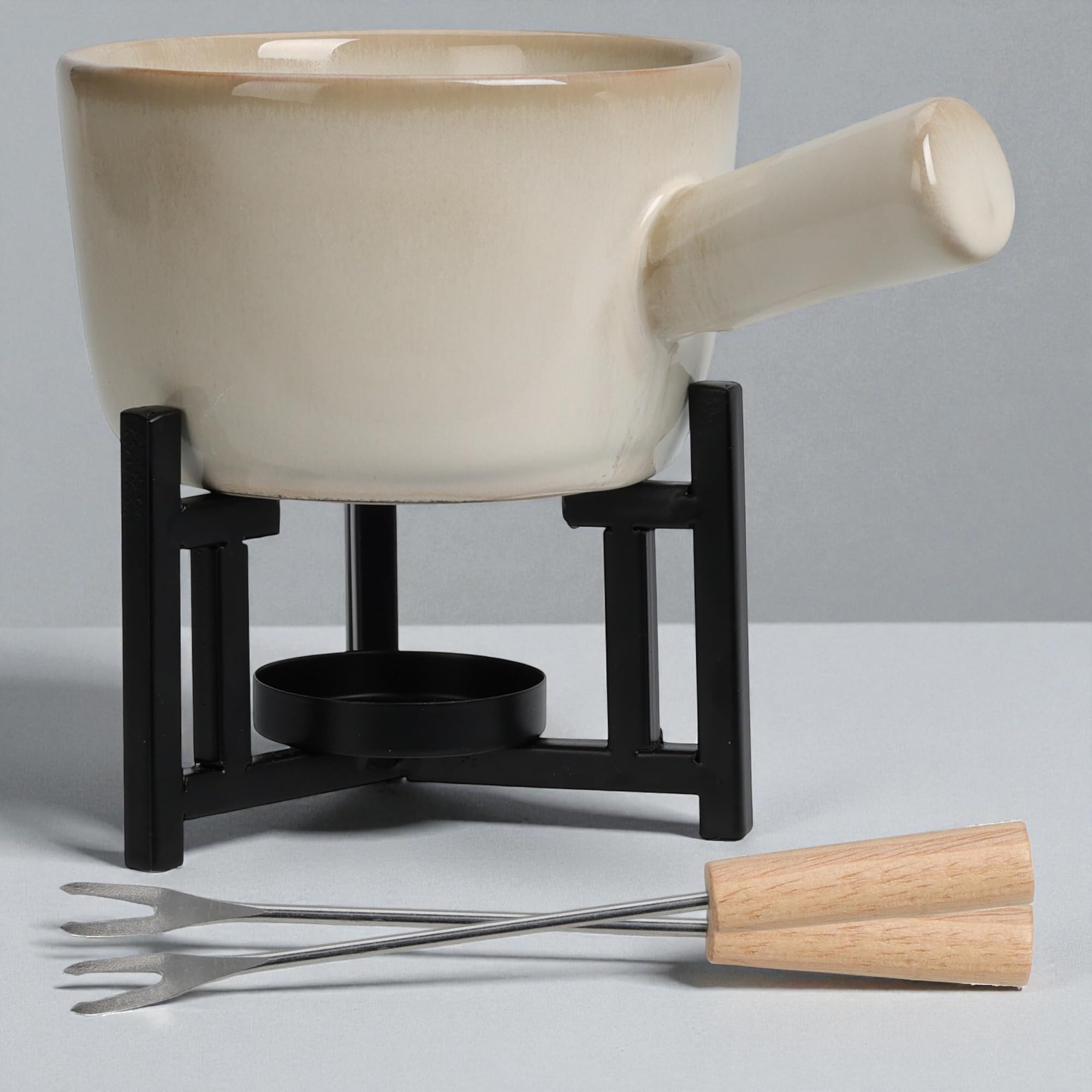 MIJOMA Fondue Set für 2 Personen – Keramiktopf mit Metallgestell & Edelstahlgabeln – Schokoladen- & Käsefondue – 450ml – stilvolles Tisch-Set für romantische Abende & Geschenke