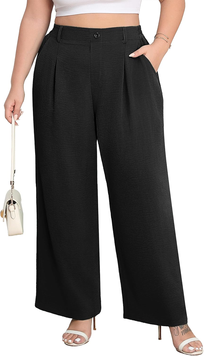 Lastshe Plus Size Dress Pants for Women Wide Leg High Waist Work Casual Slacks Pull on Palazzo Trousers Spring Clothes,Black,2X