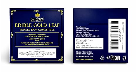 Barnabas Edible Gold Leaf 24K - Cake Decorations, Loose Gold Leaf Sheets for Cupcakes - 1.5 inches, Interleaf of 12
